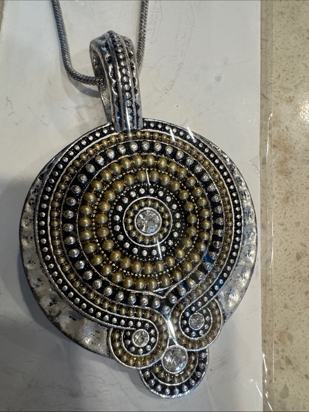 Round Beaded Pendant Necklace in Silver and Gold Tones - Picture 2 of 3